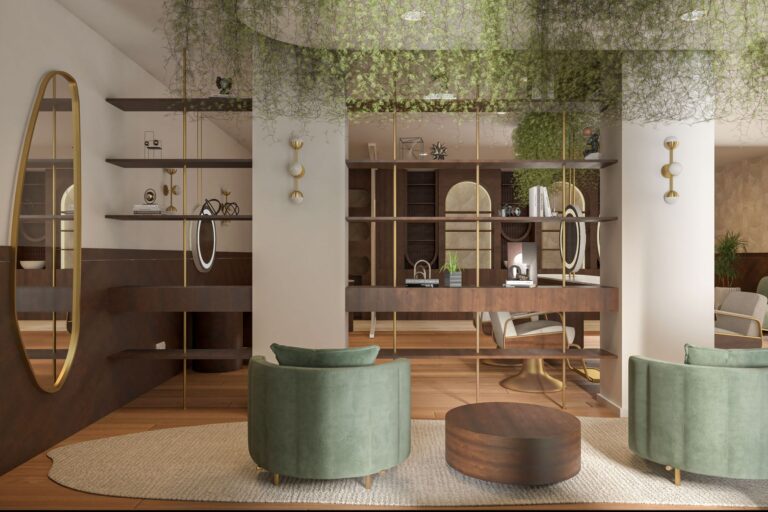 Elegant modern interior space with chic furniture and green decor elements.