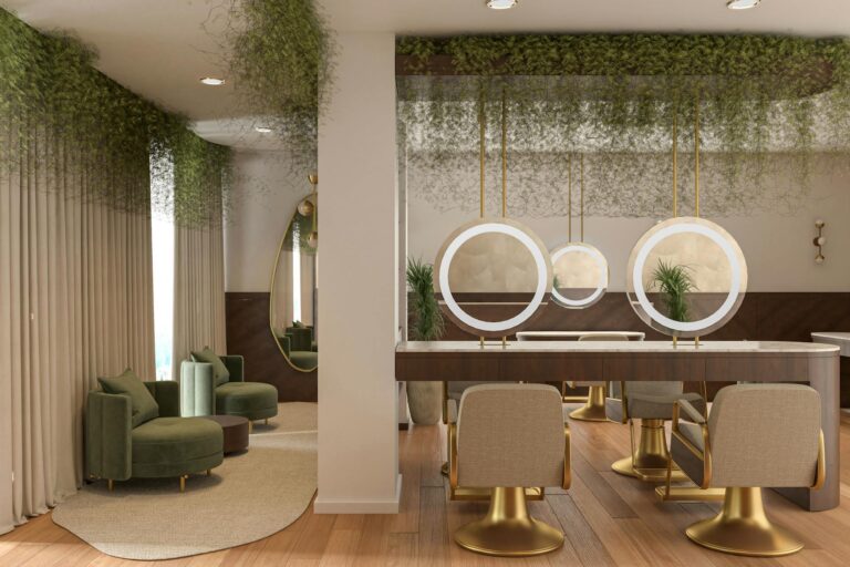 Luxurious interior design with modern furniture and green plants in Londres, UK.
