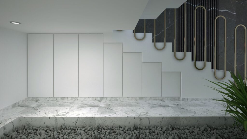 Elegant modern staircase with marble flooring, showcasing minimalist design and clean lines.