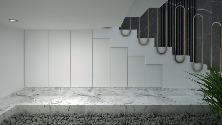 Elegant modern staircase with marble flooring, showcasing minimalist design and clean lines.