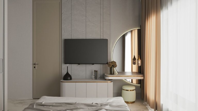 Elegant modern bedroom interior with minimalist design elements, TV, and unique decor.