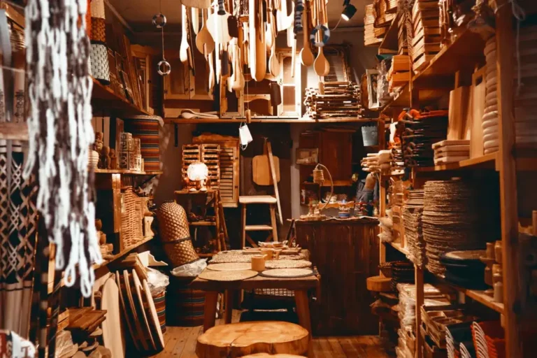 Explore a cozy shop filled with wooden crafts and home supplies.